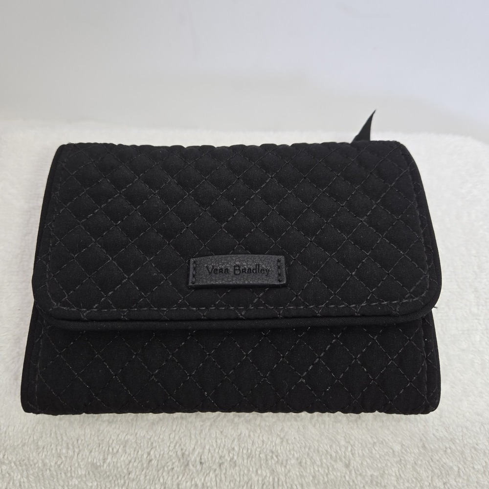 Vera Bradley Iconic RFID Riley Compact Wallet Trifold Navy Solid Black Quilted - Picture 2 of 9